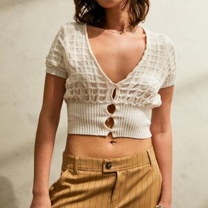 White Knit Button-Up Crop Top